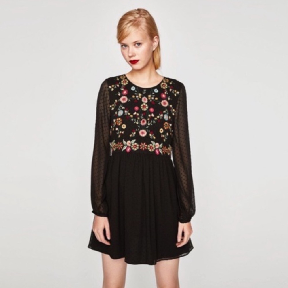 Zara Embroidered Floral Long Sleeve Dress Size Medium